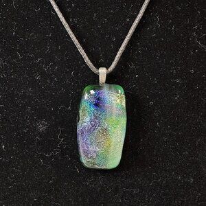 Dichroic Glass Pendant Necklace on Black Leather Cord